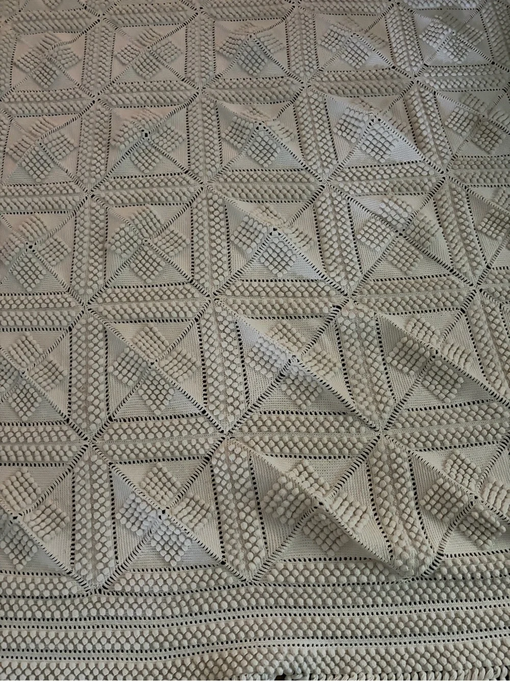 Handmade  Boho Crocheted Square Blanket with Fringe - Cream